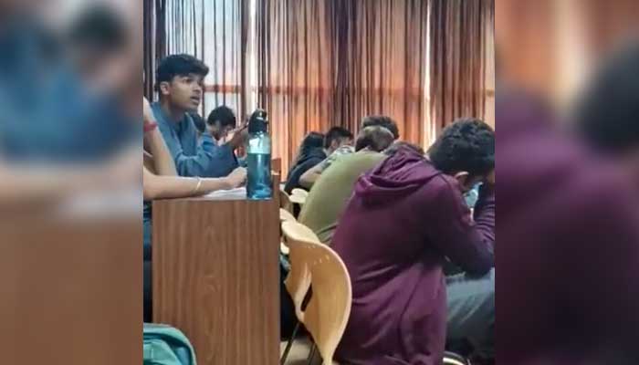 A student at Bengalurus Manipal Institute of Technology in Karnataka, India, seen having a heated argument with a teacher (not pictured). — Twitter/ashoswai