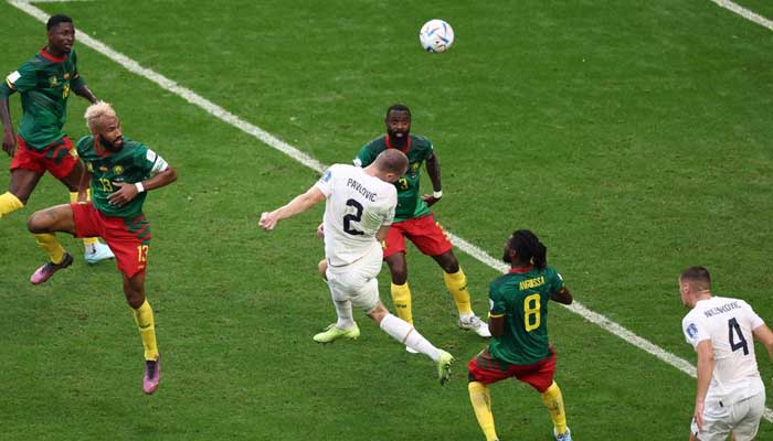 Soccer Football - FIFA World Cup Qatar 2022 - Group G - Cameroon v Serbia - Al Janoub Stadium, Al Wakrah, Qatar - November 28, 2022, Serbias Strahinja Pavlovic scores their first goal. – Reuters