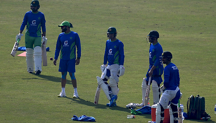 Pakistans players wait to bat during a training session ahead of their first cricket Test match against England, at the Rawalpindi Cricket Stadium in Rawalpindi on November 29, 2022. — AFP