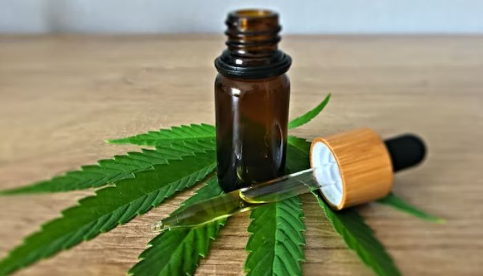 The image shows CBD oil with Cannabis leaves under the bottle.— Unsplash