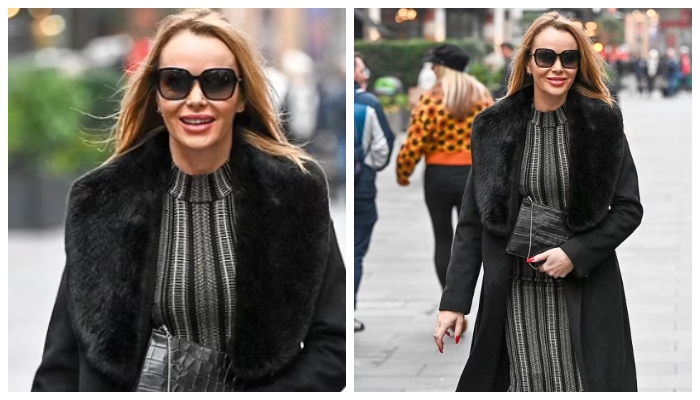 Amanda Holden memancarkan kecanggihan dalam balutan gaun midi rajutan dan sepatu bot