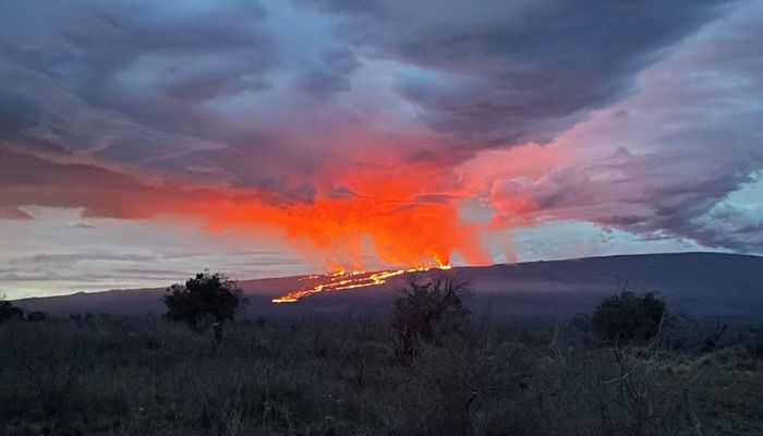 A view from Saddle Road of lava flowing from the Northeast Rift Zone downslope after the eruption of Mauna Loa volcano in Hawaii, U.S. November 29, 2022.- Reuters