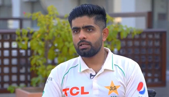 Skipper Babar Azam talking to former English captain Nasser Hussain in an exclusive interview. Screengrab of a Twitter video.