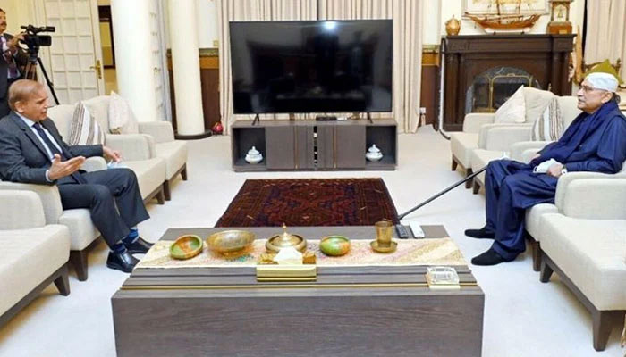 PM Shehbaz in a meeting with PPP leader Asif Ali Zardari. Radio Pakistan