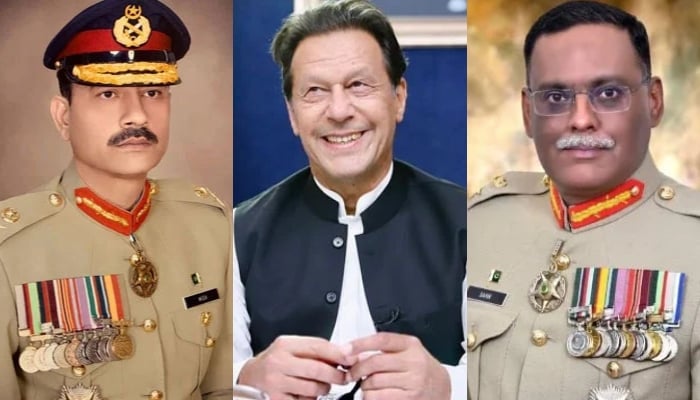 A collage of COAS General Asim Munir (left), PTI Chairman Imran Khan (centre) andCJCSC General Sahir Shamshad Mirza. — ISPR/Instagram/File