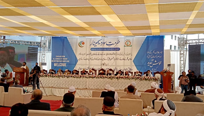 Particpants of Hurmat-e-Sood seminar can be seen at the venue. — Geo.tv