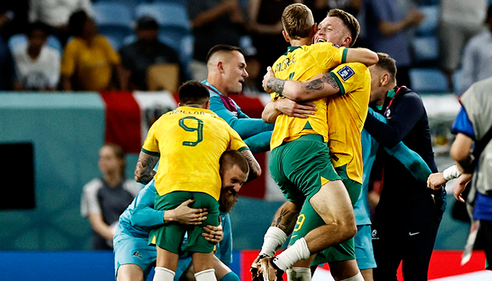 Soccer Football - FIFA World Cup Qatar 2022 - Group D - Australia v Denmark - Al Janoub Stadium, Al Wakrah, Qatar - November 30, 2022 Australia players celebrate qualifying for the knockout stages. — Reuters