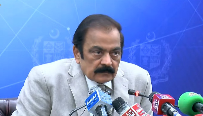 Interior Minister Rana Sanullah addresses press conference in Islamabad. -Screengrab