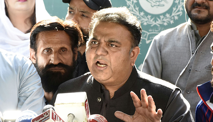 PTI Senior Vice President Fawad Chaudhry speaks to journalists outside the Election Commission of Pakistan (ECP) in Islamabad on October 21, 2022. — Online