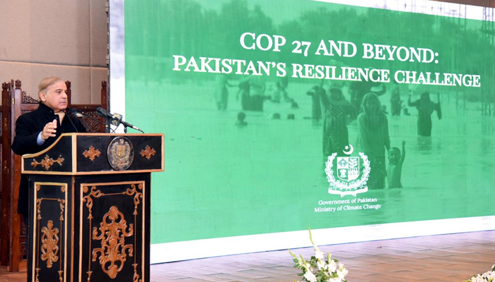 Prime Minister Shehbaz Sharif addresses the COP27 and Beyond: Pakistan’s Resilience Challenges event in Islamabad, on December 1, 2022. — PID
