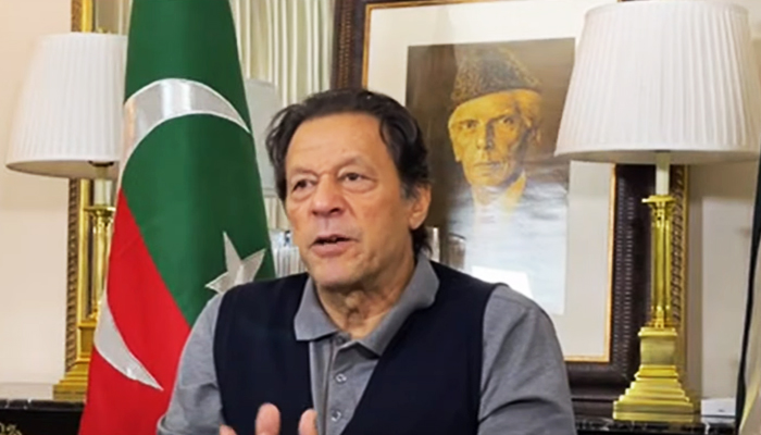 PTI Chairman Imran Khan speaks during a video address to the PTIs Punjab parliamentary party from his Lahore residence in Zaman Park on December 2, 2022. — Screengrab/GeoNews