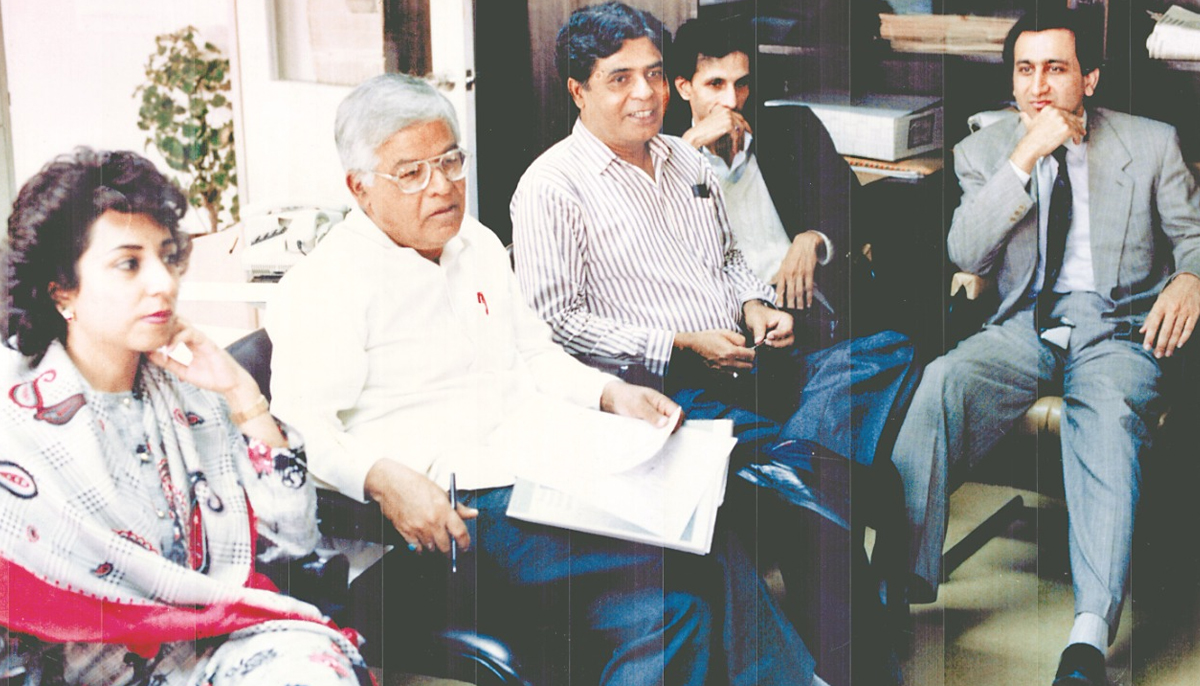 In this file photo, President of Geo and Jang Group Imran Aslam (second right) sitting along with Jang and Geo Media Group editor-in-chief Mir Shakil-ur-Rahman (right).