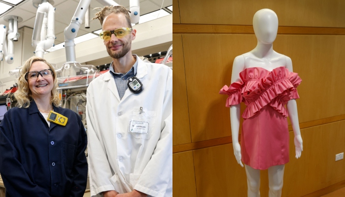 Zara Summers (L), vice president of science, and Michael Kopke (C), vice president of synthetic biology, and photograph of a cocktail dress (L) taken on November 28, 2022, in Skokie, Illinois. — AFP