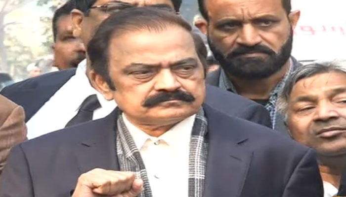 Interior Minister Rana Sanaullah speaks to journalists. — YouTube live stream screengrab/Geo News