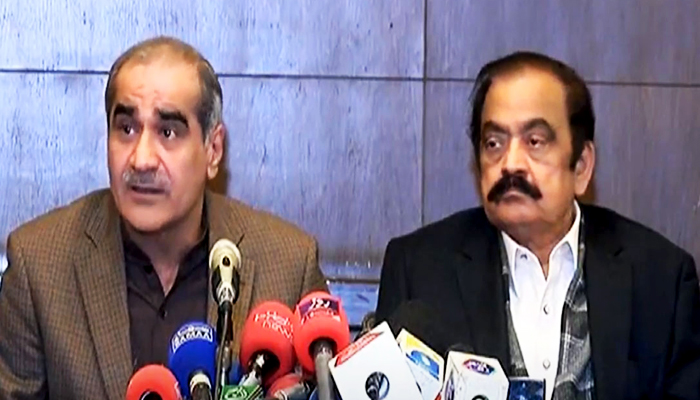 Federal ministers Rana Sanaullah and Khawaja Saad Rafique address press conference in Islamabad. -Screengrab