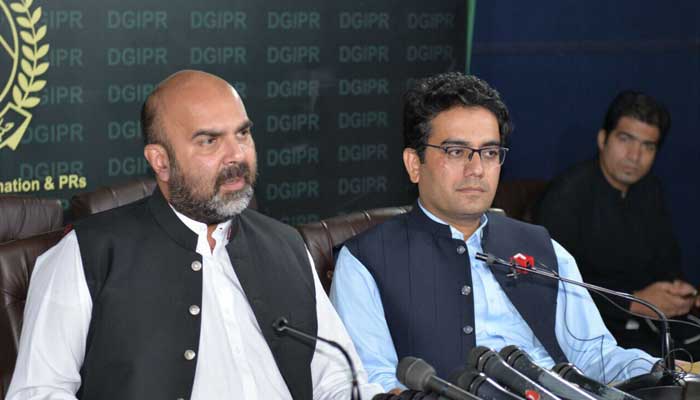 Khyber Pakhtunkhwas Finance Minister Taimur Khan Jhagra can be addressing a presser in this undated picture. — Twitter/@GovernmentKP/File