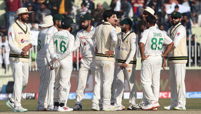 The Pakistan team can be seen on the filed during the first day of the first cricket Test match between Pakistan and England at the Rawalpindi Cricket Stadium, in Rawalpindi on December 4, 2022. — Twitter/TheRealPCB