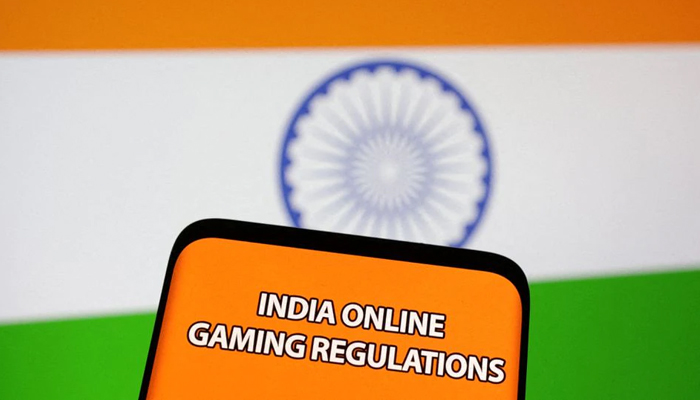 The words India online gaming regulations are displayed in front of an Indian flag in this Illustration taken September 14, 2022. — Reuters