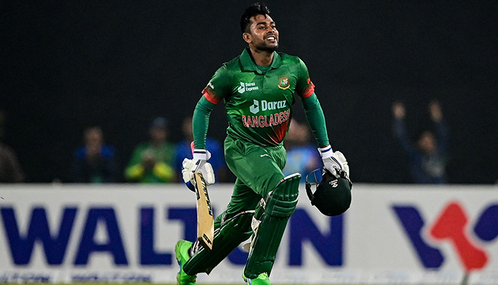 Bangladeshs Mahidy Hassan Miraz celebrates after his teamss victory in the first one-day international (ODI) cricket match between Bangladesh and India at the Sher-e-Bangla National Cricket Stadium in Dhaka on December 4, 2022. — AFP