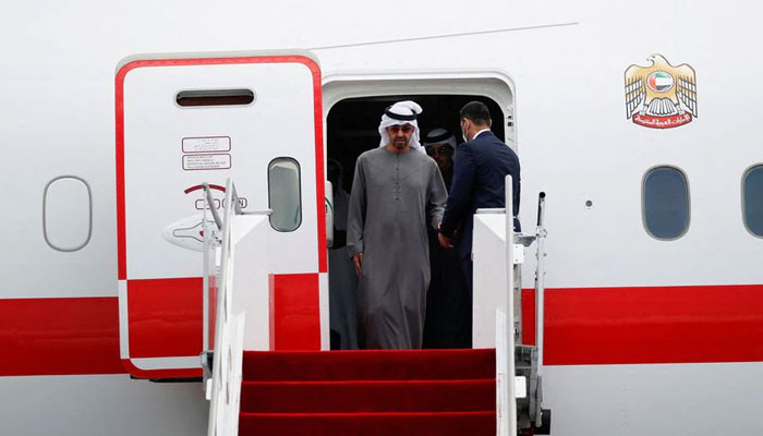 United Arab Emirates President Sheikh Mohammed bin Zayed Al-Nahyan descends from the plane as he arrives at Ngurah Rai International Airport ahead of the G20 Summit in Bali, Indonesia November 14, 2022 REUTERS/Ajeng Dinar Ulfiana/Pool/File Photo