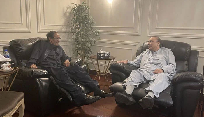 Chaudhry Shujaat (L) in the meeting with Asif Zardari. —Twitter/HamidMirPAK/file