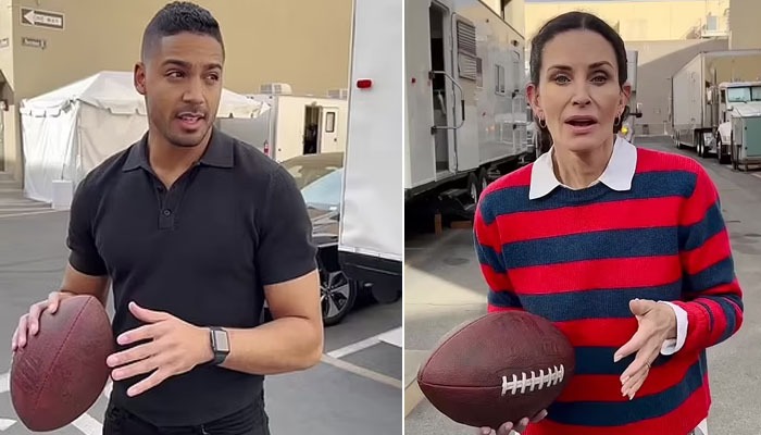 Courteney Cox gets hit with football by Michael Evans Behling in new hilarious clip