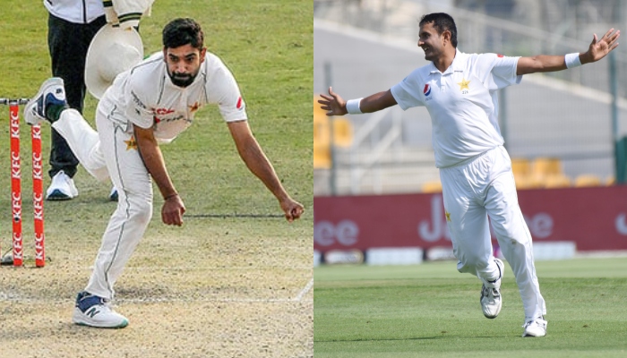 Pakistan pacer Haris Rauf (L) delivers the ball at the Rawalpindi Cricket Stadium, in Rawalpindi while Mohammad Abbas (R) celebrates after taking a wicket. — AFP/Twitter