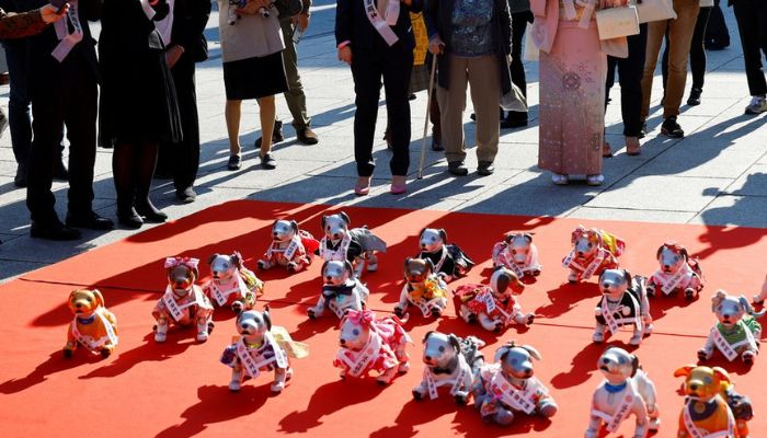 People watch Sonys robotic dogs Aibo during a ritual ceremony Sichi-Go-San, which is usually held for praying for childrens health and wellbeing, at the Kanda Myojin shrine in Tokyo, Japan, November 11, 2022.— Reuters