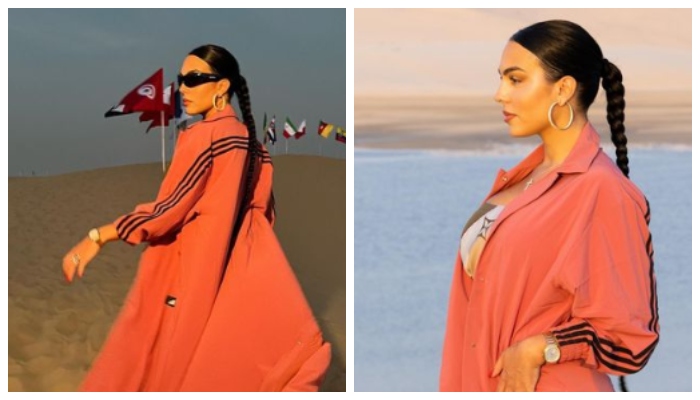 Georgina Rodriguez serves a killer look in orange sports coat