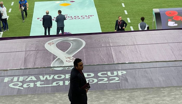 Foreign Minister Bilawal Bhutto Zardari photographed at the football stadium in Qatar. Twitter/BBhuttoZardari