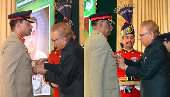 President Arif Alvi conferring Nishan-e-Imtiaz (Military) upon Chief of Army Staff General Syed Asim Munir and Chairman Joint Chiefs of Staff Committee General Sahir Shamshad Mirza. — PID