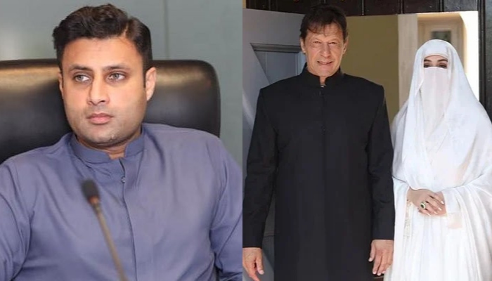 PTI leader Zulfi Bukhari and former prime minister Imran Khan with his wife Bushra Bibi. — Twitter/File