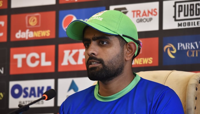 Pakistan skipper Babar Azam addressing a press conference in Multan on December 8, 2022. — Twitter/TheRealPCB