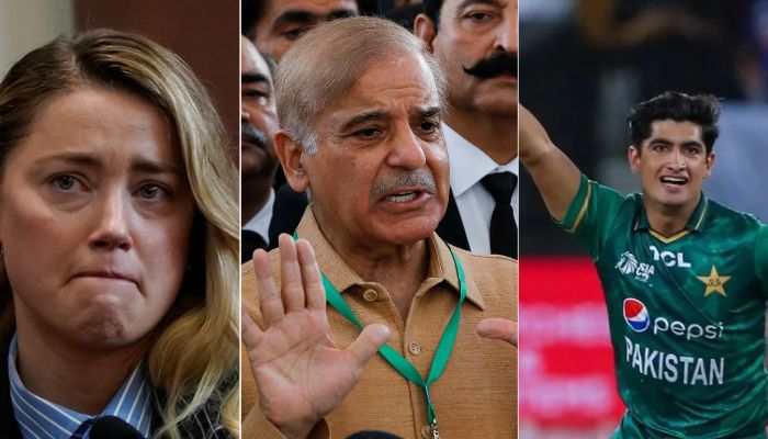 (l to r) Actress Amber Heard, PM Shehbaz Sharif,  Bowler Naseem Shah.— Reuters/ICC/File