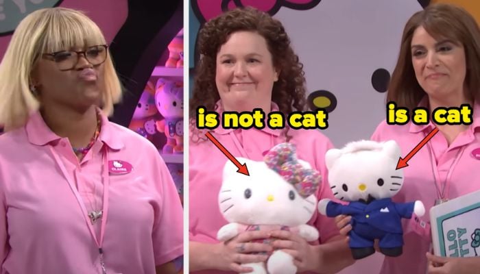In the sketch, Hello Kitty store managers try to onboard new workers and inform them that Hello Kitty is a little girl.—Video screengrabs via NBC