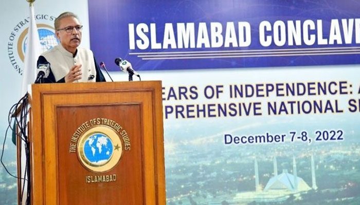 President Arif Alvi addressing the Islamabad Conclave. — Radio Pakistan
