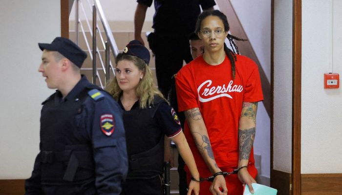 U.S. basketball player Brittney Griner, who was detained in February at Moscows Sheremetyevo airport and later charged with illegal possession of cannabis, is escorted before a court hearing in Khimki, outside Moscow, Russia July 7, 2022.— Reuters