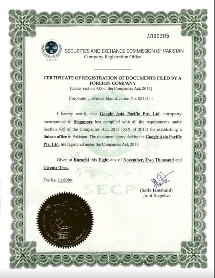 Googles Securities and Exchange Commission of Pakistan registration certificate. — Photo by author