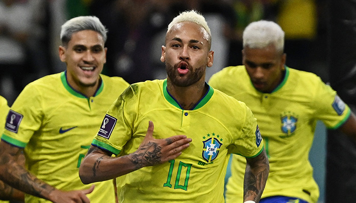 Soccer Football - FIFA World Cup Qatar 2022 - Quarter Final - Croatia v Brazil - Education City Stadium, Doha, Qatar - December 9, 2022 Brazils Neymar celebrates scoring their first goal with Pedro and Rodrygo. — Reuters