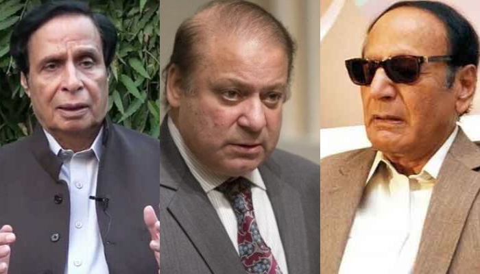 Punjab Chief Minister Parvez Elahi, PML-N supremo Nawaz Sharif and former prime minister Chaudhry Shujaat Hussain. — Twitter/AFP/Geo.tv