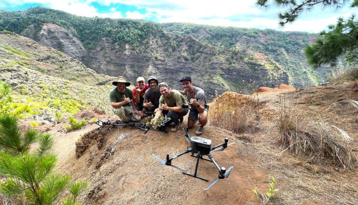 Ben Nyber, who serves as the GIS and drone program coordinator at the National Tropical Botanical Garden, and the Mamba research team poses for a picture after collecting the Dwarf iliau (Wilkesia hobdyi), in Kauai, Hawaii, U.S. October 2021.— Reuters