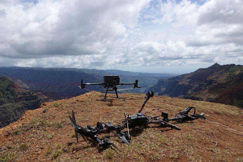 The Mamba (Multi-Use Aerial Manipulator Bidirectionally Actuated) sampling system before takeoff using a drone in the Waimea Canyon in Kauai, Hawaii, U.S., in this undated handout picture.— Reuters