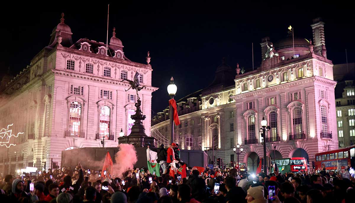 Morocco fans in Piccadilly Circus in London. — Reuters