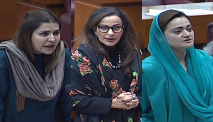 (L to R) Federal Minister for Poverty Alleviation and Social Safety Shazia Marri, Minister for Climate Change Senator Sherry Rehman, and Federal Minister for Information and Broadcasting Marriyum Aurangzeb speak on the floor of the National Assembly in Islamabad on December 12, 2022. — YouTube/PTVNewsLive
