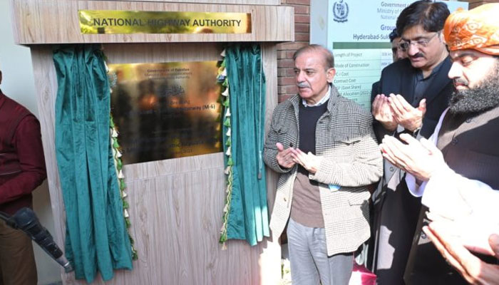 Prime Minister Shehbaz Sharif laying the foundation stone for the M6 Sukkur Hyderabad Motorway. — APP