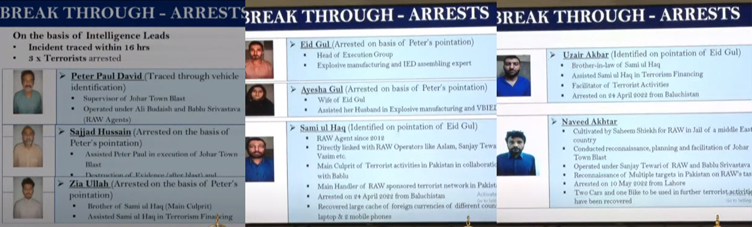 The arrests made in the Johar Town blast investigation. — YouTube/PTVNewsLive