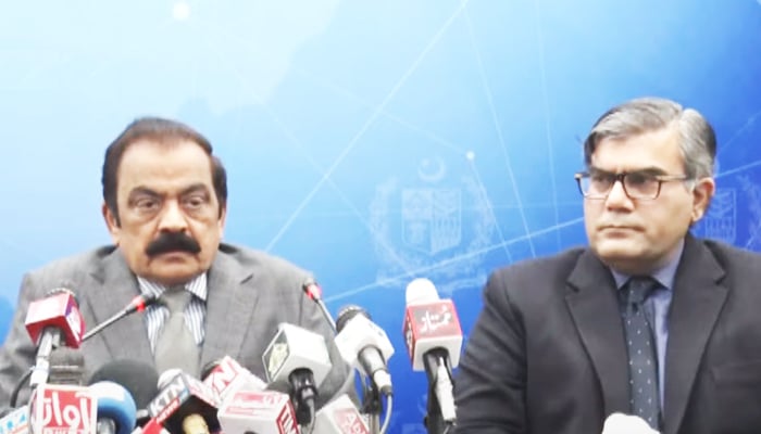 Interior Minister Rana Sanaullah (left) addresses a press conference alongside Additional Inspector-General Counter-Terrorism Department Punjab Imran Mehmood at the Ministry of Interior in Islamabad on December 13, 2022. — YouTube/PTVNewsLive