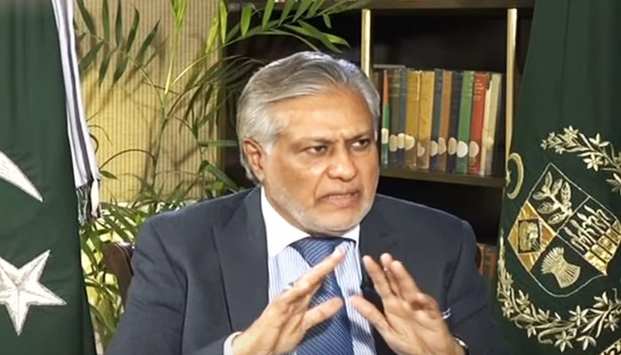 Federal Minister for Finance and Revenue Ishaq Dar gestures during the interview on December 13, 2022. — Youtube Screengrab via Samaa News