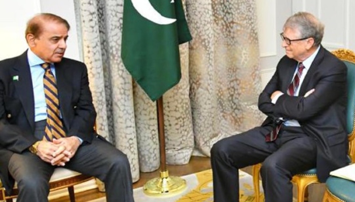 Prime Minister Shehbaz (left) Sharif in meeting with Co-chair of the Bill and Melinda Gates Foundation Bill Gates (right) on the sidelines of the 77th session of UNGA, New York, September 22, 2022. — PID