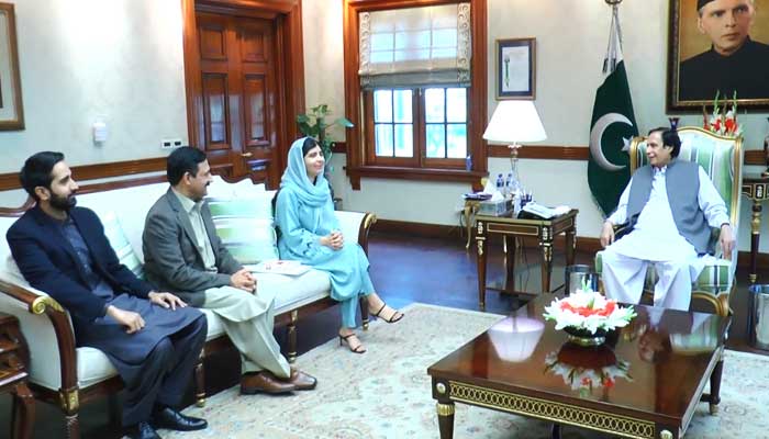 Pakistani Noble Laureate Malala Yousafzai (third left) meets Chief Minister Punjab at the CM House in Lahore on December 14, 2022. — CM House